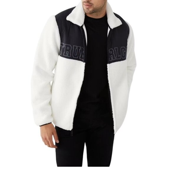 NWT TRUE RELIGION Jacket Coat Colorblock Sherpa Logo WHITE & BLACK size S Fleece - Picture 1 of 12